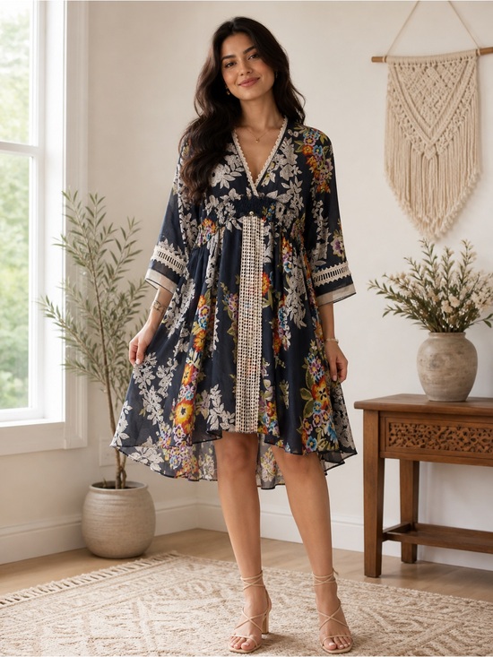 Johnny Was Dresses & Skirts - Johnny Was Silk Floral Boho Tunic Dress Lace Trim Medium Boho Summer